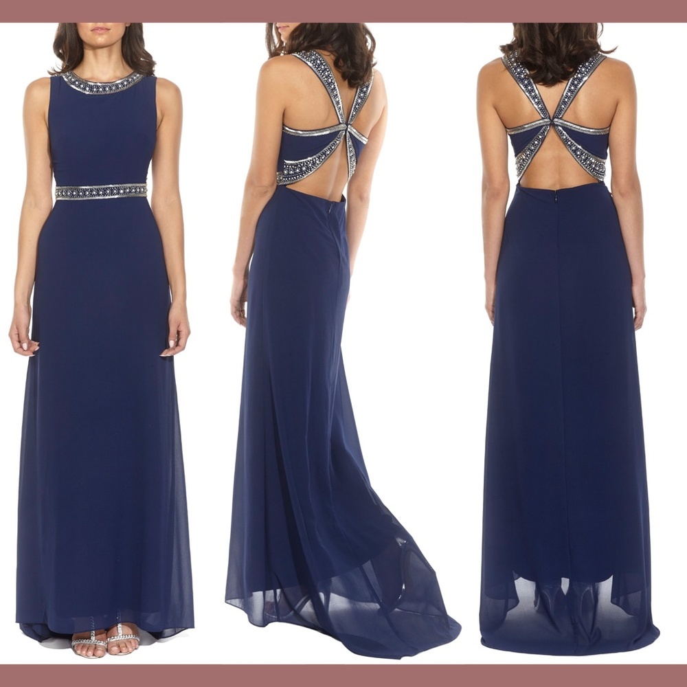 NWT $185 TFNC Akira‎ Bead Embellished Gown in Navy Blue [SZ Large ]